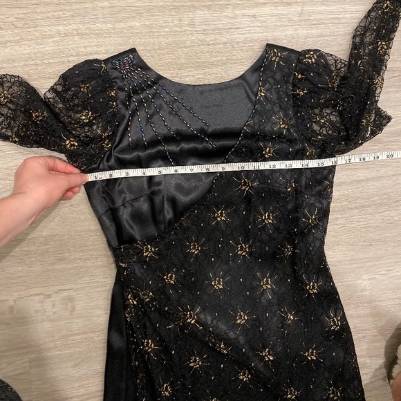 VINTAGE Black Satin Dress Printed Lace Overlay and Gold Detail | Modern Size XS - Picture 6 of 8